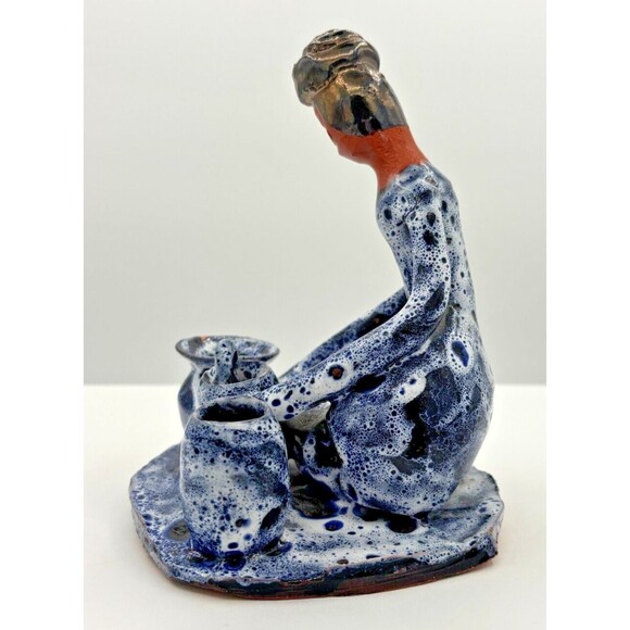 Vintage Clay‎ Art Pottery Figure Sitting w/Pots Primitive Blue Speckled Glazed - Picture 3 of 16